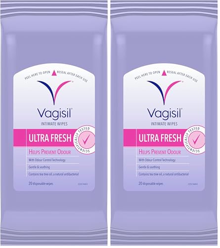 Vagisil Ultra Fresh Daily Feminine Intimate Wipes For Women, Helps Prevent Odour, Gynecologist Tested, With Tea Tree Oil, A Natural Antibacterial, 20 Wipes In A Resealable Pouch (Pack of 2)