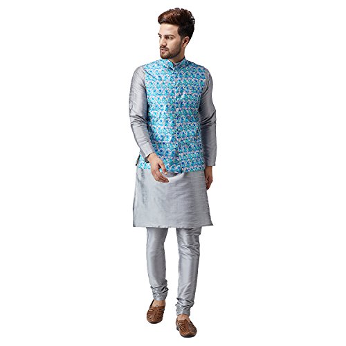Image of SOJANYA (Since 1958, Men's Silk Blend Grey Kurta Pyjama & Silk Blend Jacket Combo