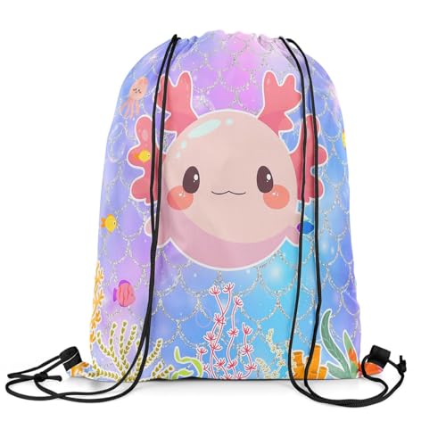 Erosebridal Cute Cartoon Axolotl String Backpack 13X15.7 Kawaii Axolotl Drawstring Bags Sparkle Mermaid Fish Scale Draw String Back Bag Shell Crab Coral Drawstring Backpack for Camping Traveling Trip2