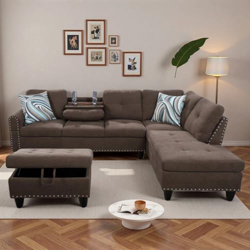 Trygoal L-Shaped Sectional Sofa with Movable Chaise & Storage Ottoman,