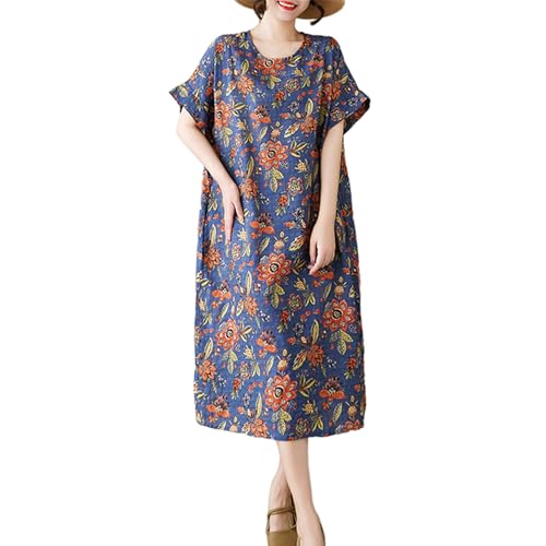 Image of LUZU JUNU Women's Summer Baggy Plus Size Loose Cotton Linen Long Boho Beach Dress with Pockets