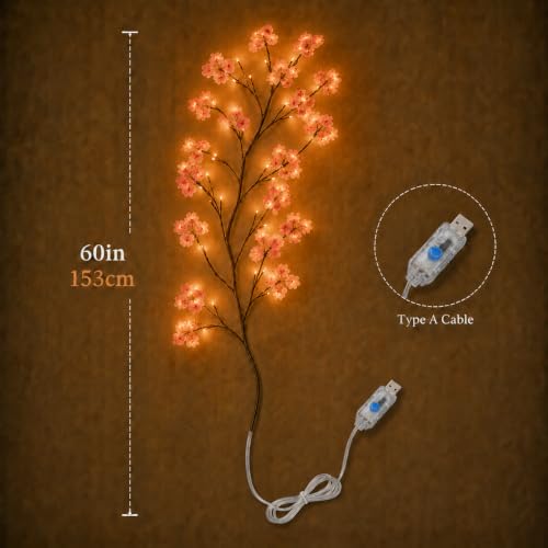 Image of One94Store Cherry Blossom LED Wall Vine Light - 72 LED Flexible Twig Branch Garland with Remote & 8 Modes, USB Powered Pink Floral Fairy Decor for Bedroom, Living Room & Christmas