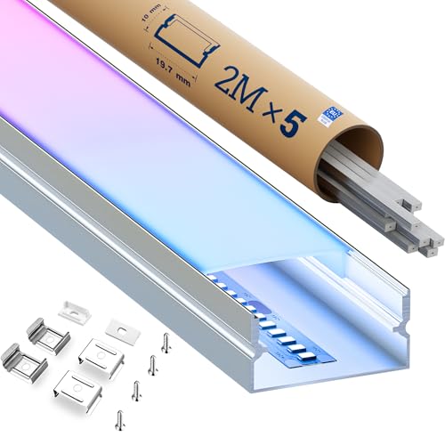 KOSOOM Profile alu pour ruban LED 2M × 5 pièces - Aluminium Profilé U-Forme pour Bandes LED d’une largeur jusqu’à 12 mm, Aluminium Anodisé Argent, Diffuseur PC Anti-jaunissement, Clips et Vis Inclus