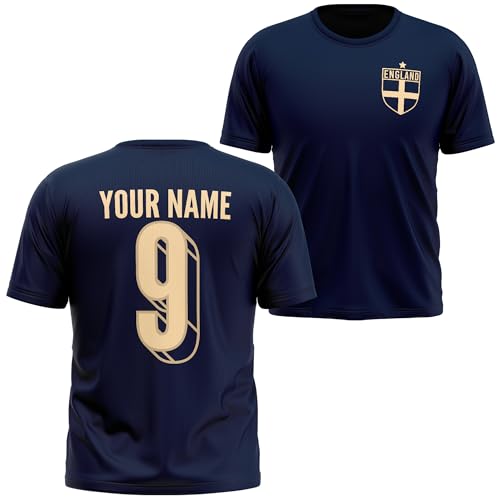 England 2025 Badge Name and Number Kids T Shirt Personalised Football Supporter Boys Girls English Tee Home & Away, 1-2 Years, Navy