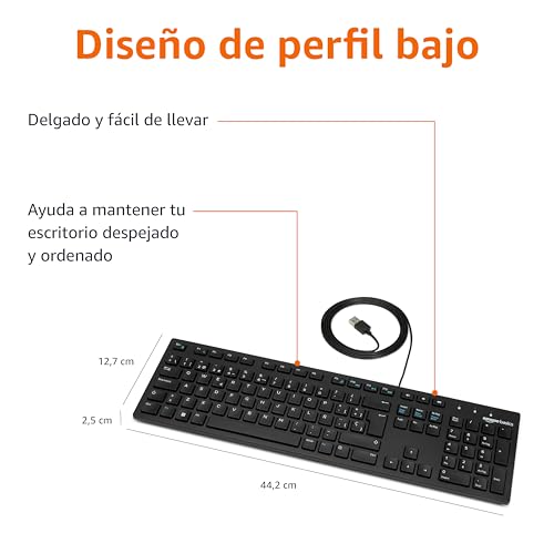 Teclado de perfil bajo con dimensiones especificadas, optimizando espacio en el escritorio