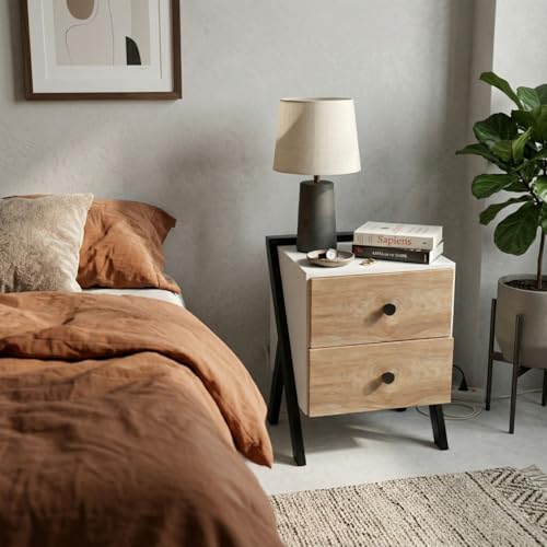 Image of FFO Modern Bedside Table with 2 Drawers | Wooden Nightstand with Metal Frame Legs | Compact Side Table for Bedroom | Storage Organizer Cabinet (60 x 35.8 x 45 cm).