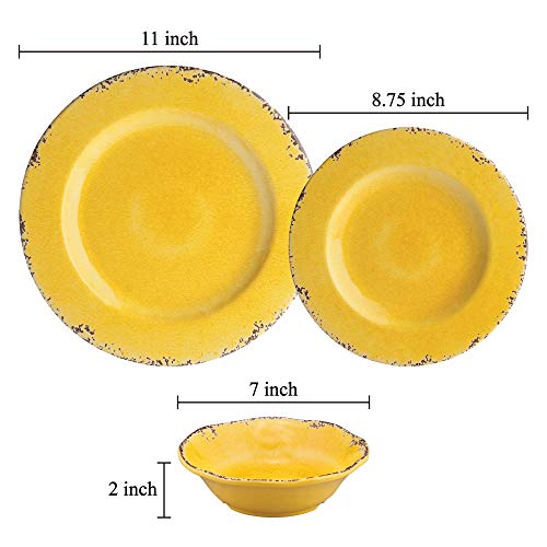 Upware 12-Piece Melamine Dinnerware Set, Includes Dinner Plates, Salad Plates, Bowls, Service For 4. (Crackle, Yellow) #TOP2