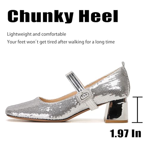 Women Sequins Glitter Square Toe Chunky Heel Mary Janes Fashion Buckled Strap Comfortable Mid Block Heel Pumps for Party Prom Date Wedding Daily 1.97 Inches3