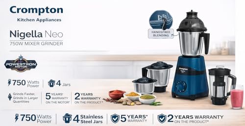 Image of Crompton Nigella Neo 750W Mixer Grinder with Powertron Motor | 4 Stainless Steel Jars | Hands-Free Blending | Multi-Purpose Grinding, Blending & Smoothie Maker