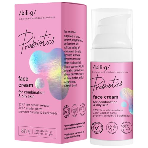KILIG PROBIOTICS Crema facial para pieles mixtas y grasas, crema de día con propiedades calmantes para la piel, combate el acné, antioxidante nutritivo, hidrata intensamente la piel, 50 ml