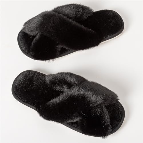Image of Women's Cross Band Fuzzy Slippers Fluffy Open Toe House Slippers