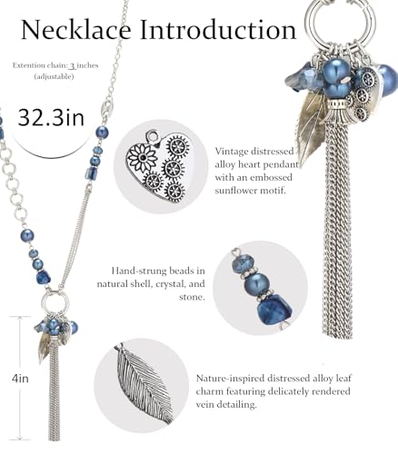 Boho Long Pendant Necklaces for Women Silver Long Sweater Chain with Beaded Tassel Pendant Fashion Costume Jewelry Gifts for Her4