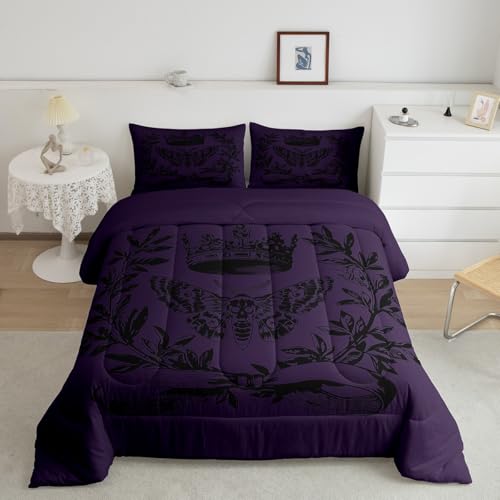Image of Feelyou Kids Skull Set Twin Size, Black Purple Demask Bedding Set Vintage Demask for Boys Girls Floral Duvet Insert Bed Set 2Pcs