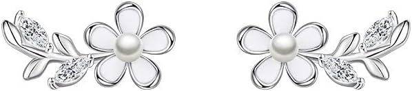 Reffeer Solid 925 Sterling Silver Flower Stud Earrings for Women Teen Girls CZ Leaf Post Stud Earrings Simualted Pearl Flower Studs - Image 8