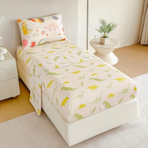 Image of Tailor Shop 4 Pieces Toddler Bedding Dinosaur Toddler Dinosaur Comforter for Boys Bed in A Bag Includes Quilted Comforter Fitted Sheet Top Sheet and Pillow Case