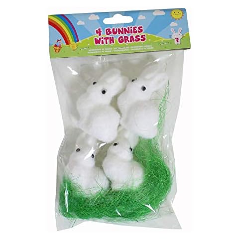 PMS International Easter Decorated Eggs, Bunnies, Carrots, Arts and Crafts - 4 White Bunnies Grass Cover