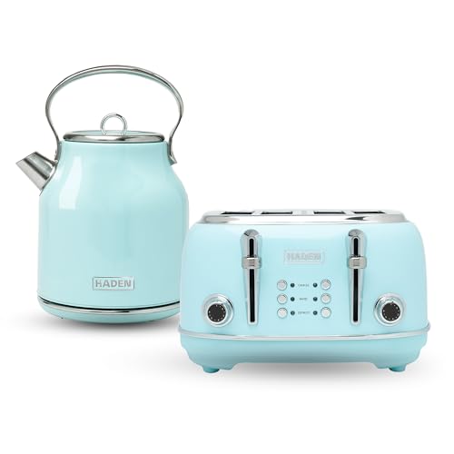 Haden Heritage 4 Slice Wide Slot Stainless Steel Body Retro Toaster and Heritage 1.7 Liter Stainless Steel Body Retro Electric Kettle