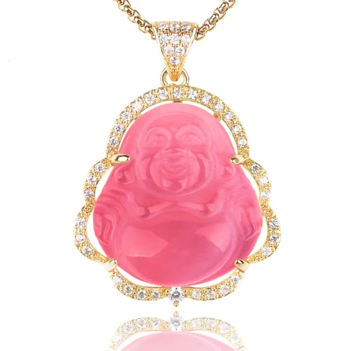 Image of ASGIFT Laughing Buddha Necklace Cubic Zirconia Green Jade Buddha Pendant with 18K Gold Plated Chain Lucky Buddha Necklace Jewelry Gift