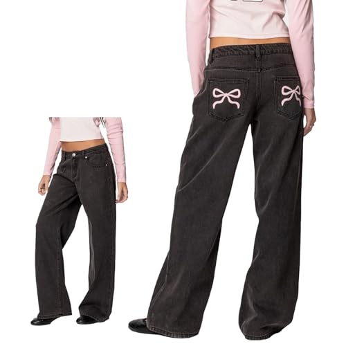 Bow Jeans for Women Cute Y2K Lightweight Pants Baggy Loose Fit Coquette Bow Embroidered Pants with Pockets