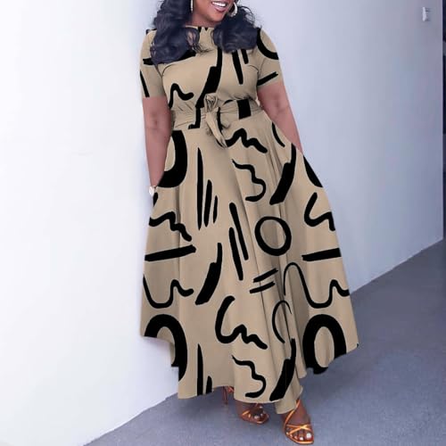 Image of BFFBABY Plus Size Dress A Line Dresses for Women Summer Long Dresses with Sleeve Casual Belted