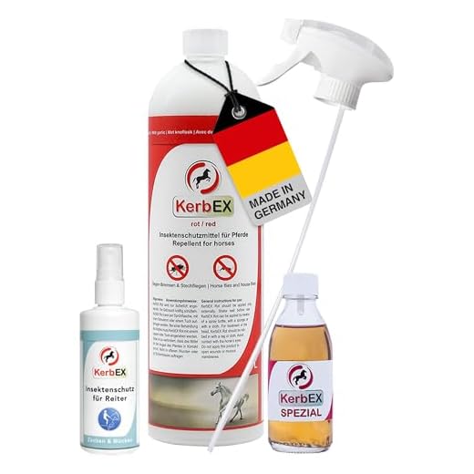 KerbEx Kombiset Rot rot Insektenabwehrmittel für Pferde bei starkem Insektenbefall - inkl. 1L Sprühflasche, 100 ml Spezialöl, Insektenschutz für Reiter – Made in Germany