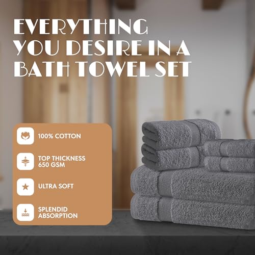 Image of Gray Bath Towel Set of 6-100% Cotton Highly Absorbent Towels for Bathroom, 2 Luxury Bath Towels 650GSM, 2 Hand Towels, 2 Washcloths