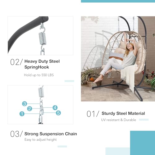 Patiorama 2 Person Double Egg Swing Chair with Stand Indoor Outdoor, Patio Wicker Rattan Hanging Egg Chair w/Cushion, Pillow, Foldable Hammock Chair 550lbs for Bedroom, Balcony, Garden (Beige)