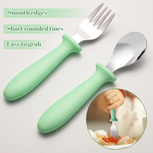 Image of 12-Piece Toddler Fork and Spoon Set, Stainless Steel, Dishwasher Safe | Plastic handles, rounded edges, easy-grip size for little hands, BPA-free, reusable for daily self-feeding