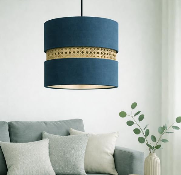 Boho Chic Blue Fabric and Rattan Pendant Lamp Shade | Rattan Detail, Blue Fabric-image-12