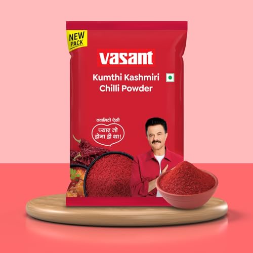 VASANT Kumthi Kashmiri Chilli Powder 1KG, Premium Kashmiri Red Chilli Powder For Daily Cooking, Kumthi Chilli - Pure and Natural Lal Mirch Powder, No Added Colours, Flavours and Chemicals, for Healthy and Flavourful Cooking Pack of 1