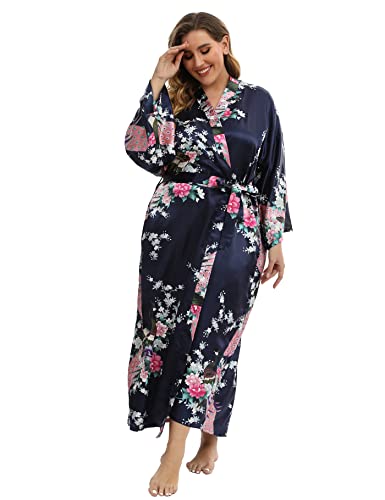 Image of Women's Floral Long Satin Robes Plus Size Long Silk Robes Peacock Floral Kimonos Sleepwear Dressing Gown