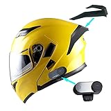 1Storm Motorcycle Modular Full Face Flip up Dual Visor Helmet + Spoiler Bundle with Freedconn Motorcycle Yellowtooth Headset: HB89 Glossy Yellow