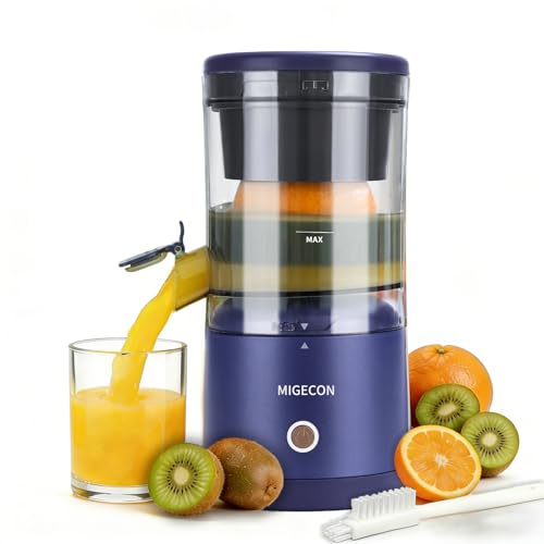 MIGECON Elektrische Zitruspresse, Tragbares Entsafter, Ladegerät Orangenpresse, mit USB und Reinigungsbürste, Anti-Tropf-Auslauf, Einfache Reinigung, Geeignet für Citrusfrüchte, 45 Watt, Dunkelblau