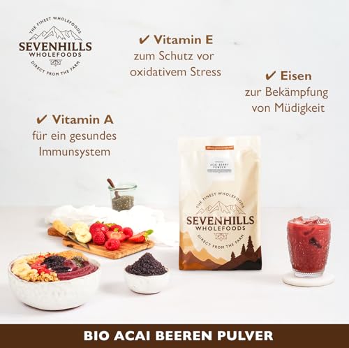 Sevenhills Wholefoods Acai Beeren Pulver Bio 100g, Rohkost, Gefriergetrocknet, Aus Brasilien, Pur & Natürlich, für Smoothie, Shake, Backen