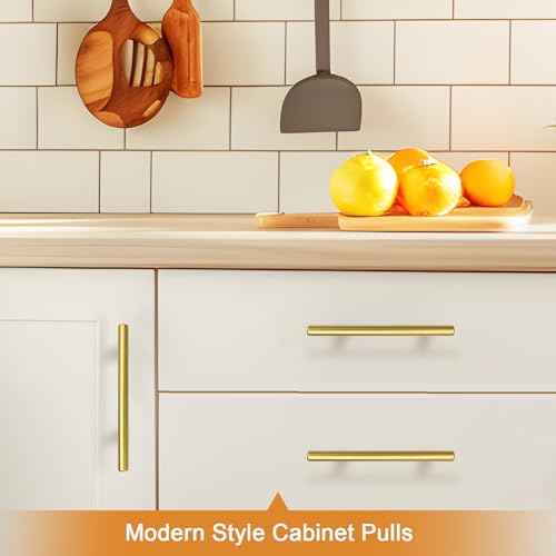 Image of Probrico 10 Pack 5 Inch Center-to-Center Kitchen Cabinet Pulls T Bar Gold Cabinet Handles Modern Drawer Hardware Dresser Pulls, 7-1 /2 inch Total Length