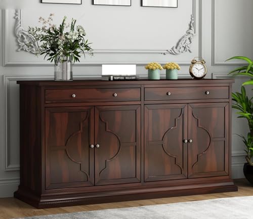 Image of Solid Sheesham Wood Sideboard Cabinet - Elegant Free-Standing Movable Chest of Drawers with 2 Drawers & 4 Shelf storag for Stylish Living Room Walnut