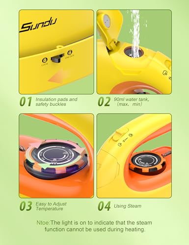 Image of Sundu 1000W Mini Travel Steam Iron, Portable Small Iron for Quilting & Sewing, Non-Stick Soleplate, 300 Steam Holes, 90ml Tank, Safety Base & Digital Temperature Control-Yellow