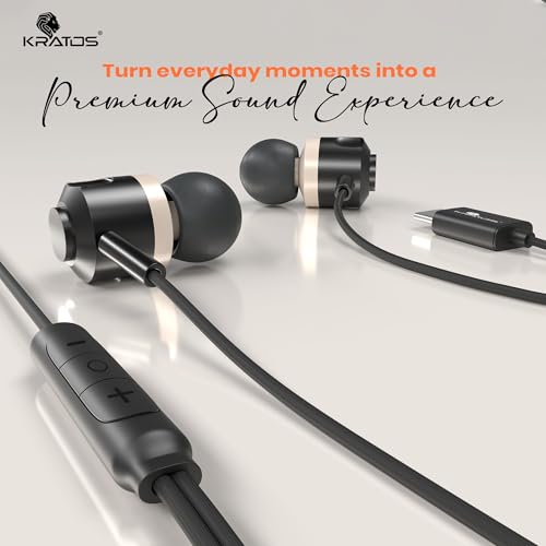 Image of Kratos Tune V7 C Type Earphones Wired, Deep Bass Drivers Earphone, Inline Control Type c Headphones with Mic, Comfort Fit Type c Earphone with Volume Control,Metallic C pin Earphones (Black)