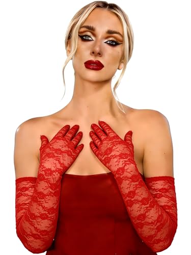 SAWINDA Valentine Long Lace Gloves Elbow Length Tea Party Gloves Elegant Stretchy Red Floral Lace Glove for Women Party (21.3 Inch)