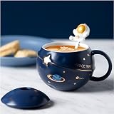 400ml Taza de astronauta, Taza de cerámica con tapa y cuchara, Taza de café, Taza novedosa, Taza de desayuno para...