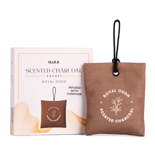 Image of Haka Scented Charcoal Air Freshener Pouch | Kapoor for Car Fragrance | Scented Aroma Air Freshener & Camphor Purifier for Bedroom, Car, Office & Wardrobe Freshener for Clothes (Oudh & Ginseng)