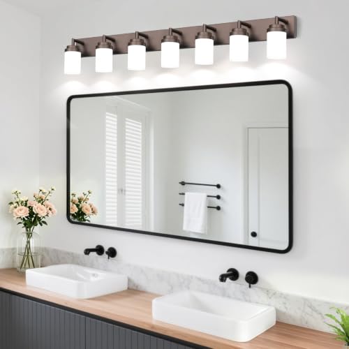 Image of Bathroom Light Fixtures, Oil Rubbed Bronze Bathroom Lighting Fixtures Over Mirror, Modern Vanity Light with White Glass Shade, Restroom Lighting Fixtures, 7-Light 54-inch
