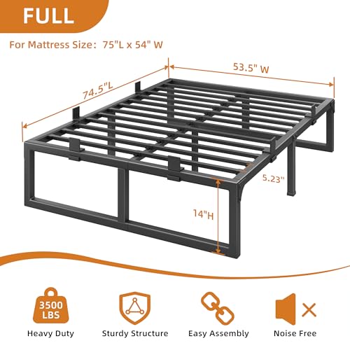 Image of 14 Inch Metal Full Size Bed Frame with Steel Support, Noise-Free | Easy Assembly, Underbed Storage, U-Shaped Groove, 6 Mattress Baffles, No Box Spring Needed, Rubber Pads, Squeak Free, Black