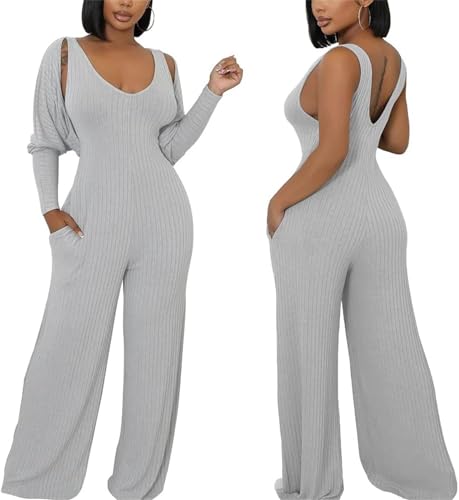 Womens Casual 2 Piece Outfits Ribbed Knitted Batwing Long Sleeve Cardigan Tank Wide Leg Jumpsuits Sets With Pocket