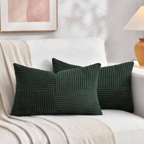 Image of Fancy Homi 2 Packs Dark Green Lumbar Decorative Throw Pillow Covers 16x26 Inch for Living Room Couch Bed, Rustic Farmhouse Boho Home Decor, Soft Striped Corduroy Rectangle Accent Cushion Case 65x40 cm