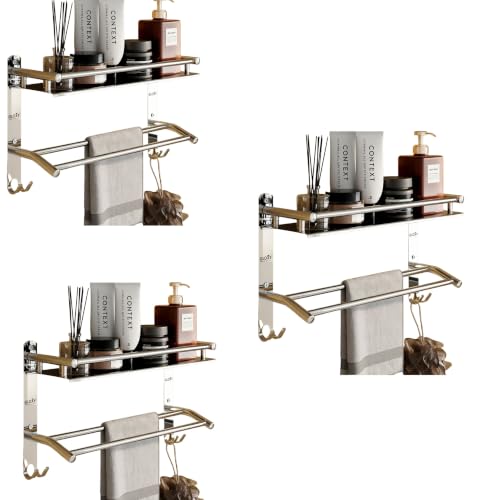 Image of GLOXY Premium Washroom Storage Organizer Rack Shelf with Bathroom Towel Hanger 15 inch -Combo Pack of 3 Stainless Steel Chrome Finish Heavy Bathroom Fittings Accessories Set for Home, Office & Hotel