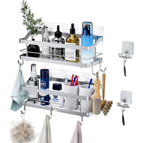 Image of Carwiner Shower Caddy Bathroom Shelf 2-Pack, Basket with 8 Hooks for Hanging Shampoo Conditioner, SUS304 Stainless Steel Rack Wall Mounted Storage Organizer for Kitchen, No Drilling