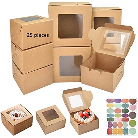 QUCUMER 25 Cajas de Carton con Ventana y Pegatinas para Cupcakes Cover
