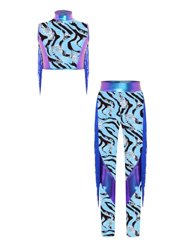 YEAHDOR Girls Hip Hop Jazz Dance Outfits Zebra Print Metallic Crop Tops and Skinny Leggings Athletic Outfits Blue 8 Years3