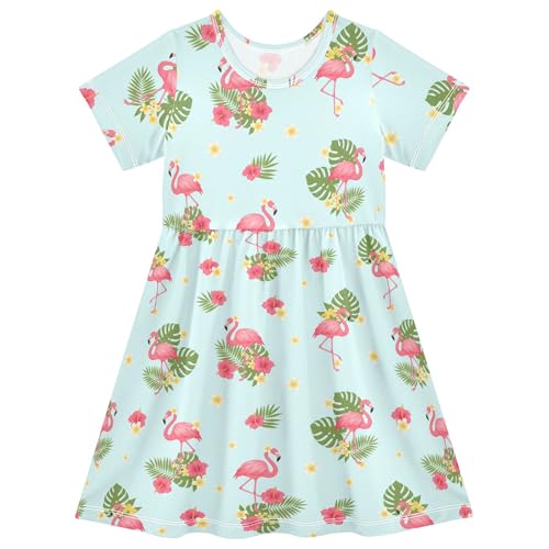 Reiacy Monstera Deliciosa - Vestido de verano de manga corta para niñas de 2 a 8 años, diseño de flamenco, hibisco, Flamingo Hibiscus Monstera Deliciosa, 5-6 años
